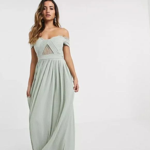 Asos premium lace and pleat Bardot maxi dress sage green NWT 4 - Picture 4 of 12